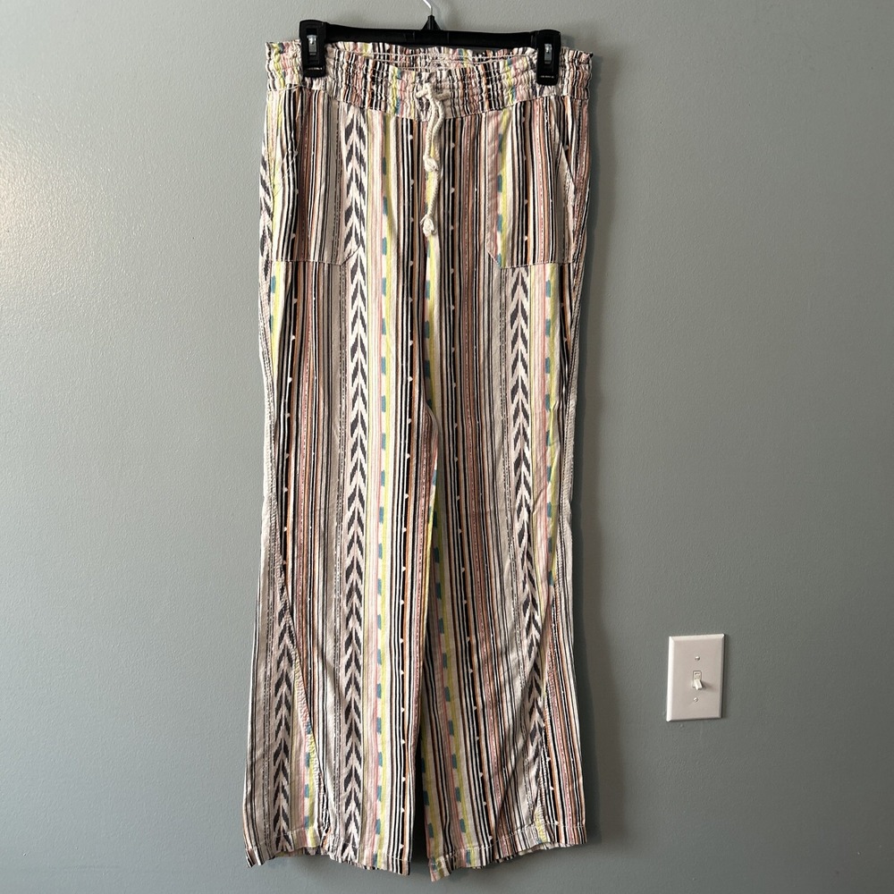 Cali 1850 Pants Womens Small Stretch Waist White Multi Casual Boho Flowy Comfy